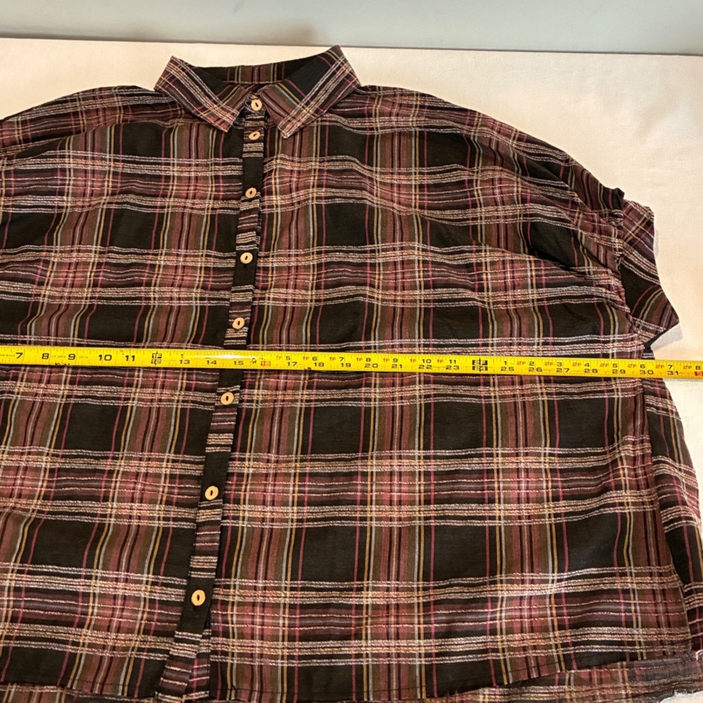 UMGEE Women‎ Plaid Button Up Shirt Oversized Short Sleeve Frayed Hem Size S - Picture 6 of 9